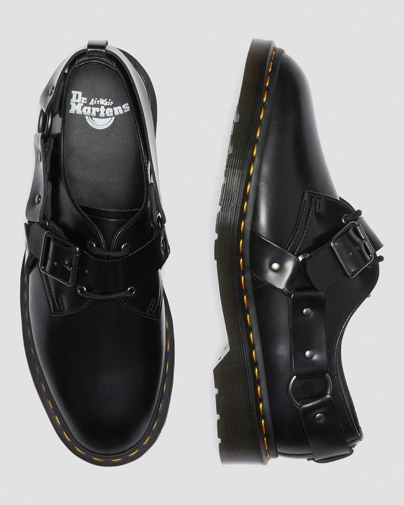 Black Men's Dr Martens Henree Polished Smooth Leather Buckle Shoes | CA 578UZG